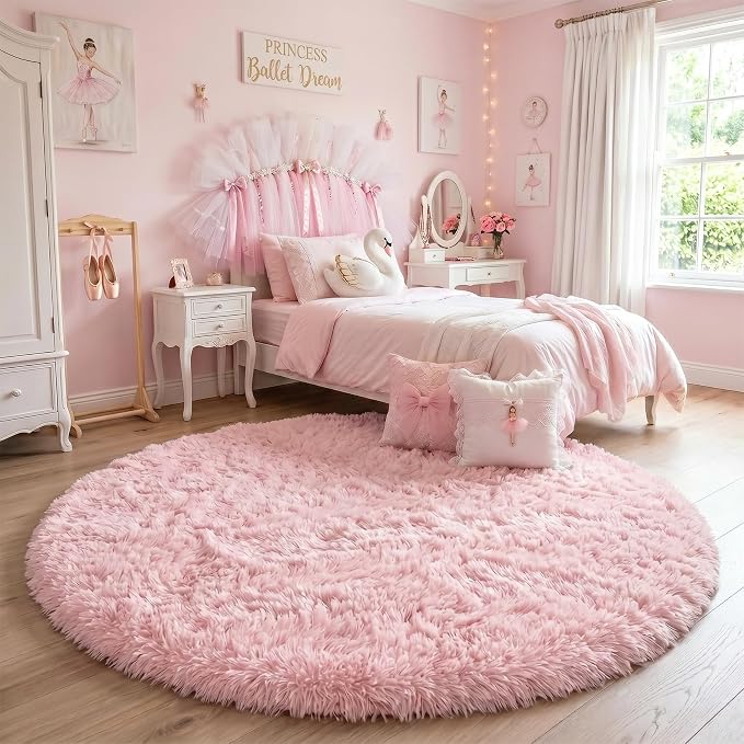 Amdrebio Pink Round Area Rugs 8Ft for Living Room, Bedroom Decor, Soft Large Circle Rug for Kids Room, Teen Girls, Fluffy Big Carpets for Baby Nursery, Dorm, Classroom, Cute Kawaii Princess Carpet