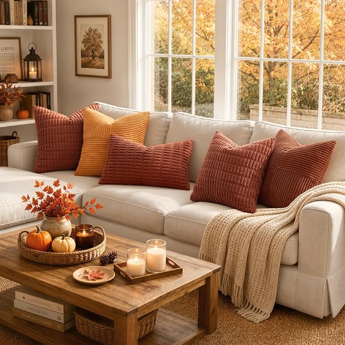 MIULEE Fall Decorative Throw Pillow Covers 18x18 Dark Rust Pack of 2 | Terracotta Soft Corduroy Boho Striped Pillow Covers Modern Farmhouse Autumn Home Decor For Sofa Living Room Couch Bed