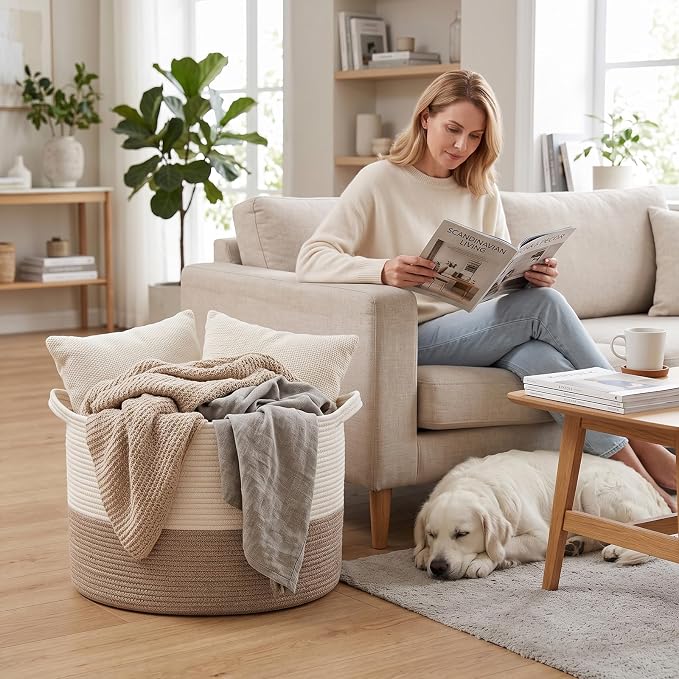 Large Woven Blanket Basket,65L Cotton Rope Laundry Basket | Collapsible Nursery Storage Bin with Sturdy Handles for Clothes, Toys, Pillows, Living Room Bedroom Bathroom - White & Brown