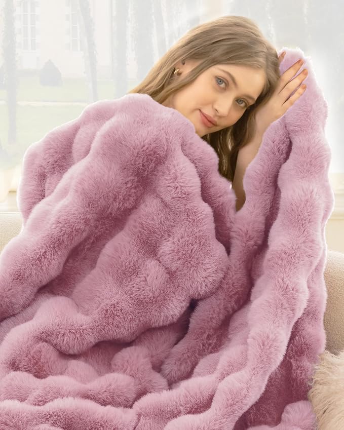 Ultra Soft Cozy Faux Fur Throw Blanket, Fuzzy Plush Thick Bubble Blanket, Oversize Luxury Fluffy Blanket for Couch, Bed, and Living Room, 60x80 Inches, Pink