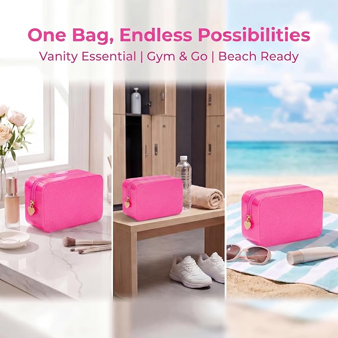 RSRSLEII Stardust Twinkle Jelly Travel Makeup & Toiletry Bag, Waterproof PVC Cosmetic Bag/Case for Women，Zipper SPF Beach Bag for Sunscreen Skincare and Daily Essentials (02Hot Pink)
