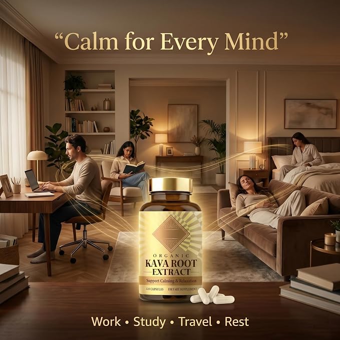 Organic Kava Root Extract - 120 Capsules, Standardized Kava Kava Herbal Supplement to Support Relaxation, Traditional Pacific Plant Powder Blend for Promoting Calming Comfort
