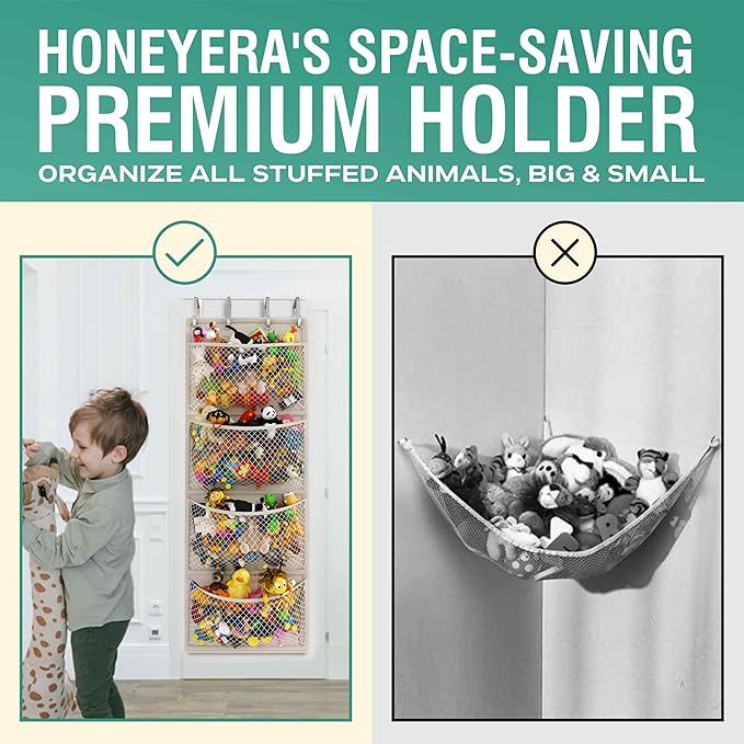 Honeyera The Original Stuffed Animal Storage (Patented) - Over Door Organizer for Stuffies, Toy Plush, Hammock Baby Hanging Storage Net for Big Girls, Toddler, Large Bag Animals, White