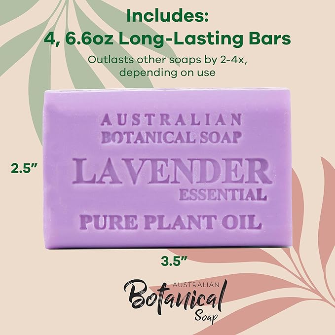 Australian Botanical Soap Lavender with Essential Oil – Triple Milled 6.6 oz Bar Soap with Shea Butter, Face Hand & Body Bars, Pack of 4