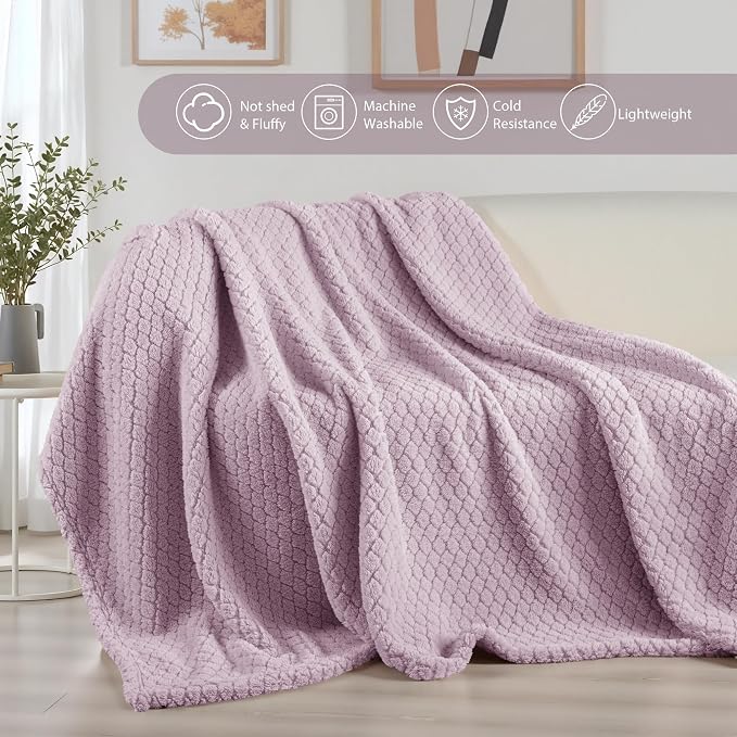 Exclusivo Mezcla Soft Fleece King Size Blanket for Bed, Lilac Purple | Jacquard Lightweight Cozy Bed Blanket, Breathable Decorative Fuzzy Textured All Season Use, 90x104 Inches
