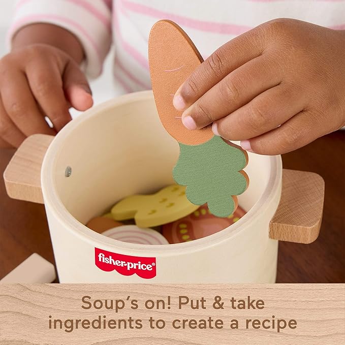 Fisher-Price Wood Kitchen Toy Veggie Soup, Tiny Garden 16-Piece Wooden Pretend Cooking Playset for Preschool Kids Ages 3+ Years (Amazon Exclusive)