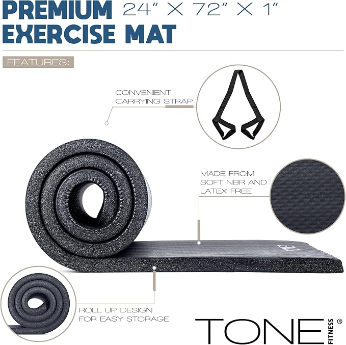 Tone Fitness 1-Inch Thick Yoga Mat | High-Density, Non-slip Exercise Mat with Carrying Strap for Yoga, Pilates, & Home Gym Workouts | Multiple Options