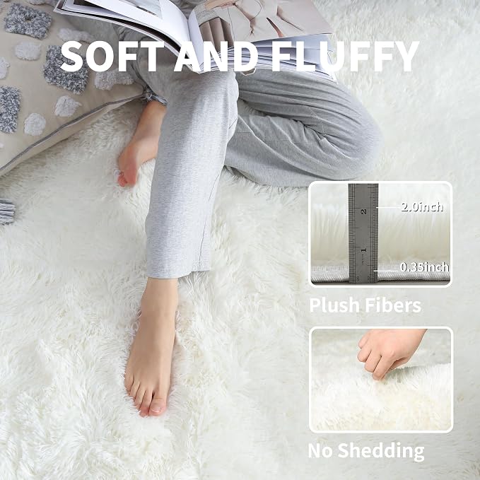 KCHOWUA Cream White Fluffy Area Rug 2x6, 2 Pcs Machine Washable Fuzzy | Soft plush shaggy throw rug Ivory for girls bedroom, living room, kids room, dorm, and nursery