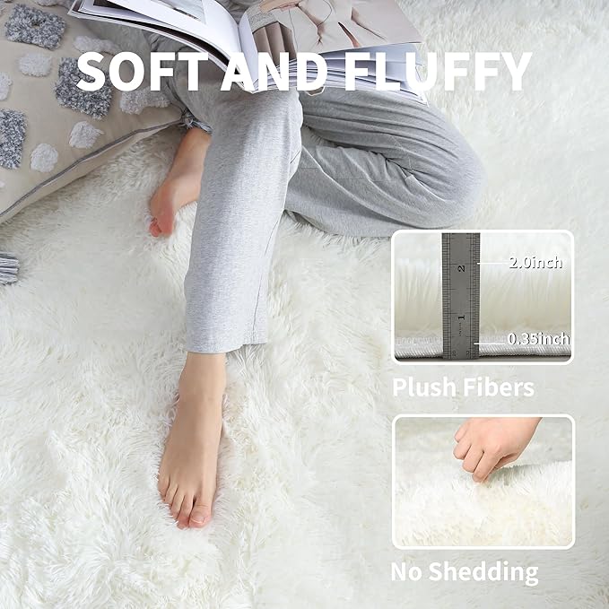 3x5 Cream White Fluffy Shag Rug for Girls Bedroom, Plush Carpet | Area Rug for Living Room, Kids Nursery, Dorm Room, Machine Washable Shaggy Floor Carpet