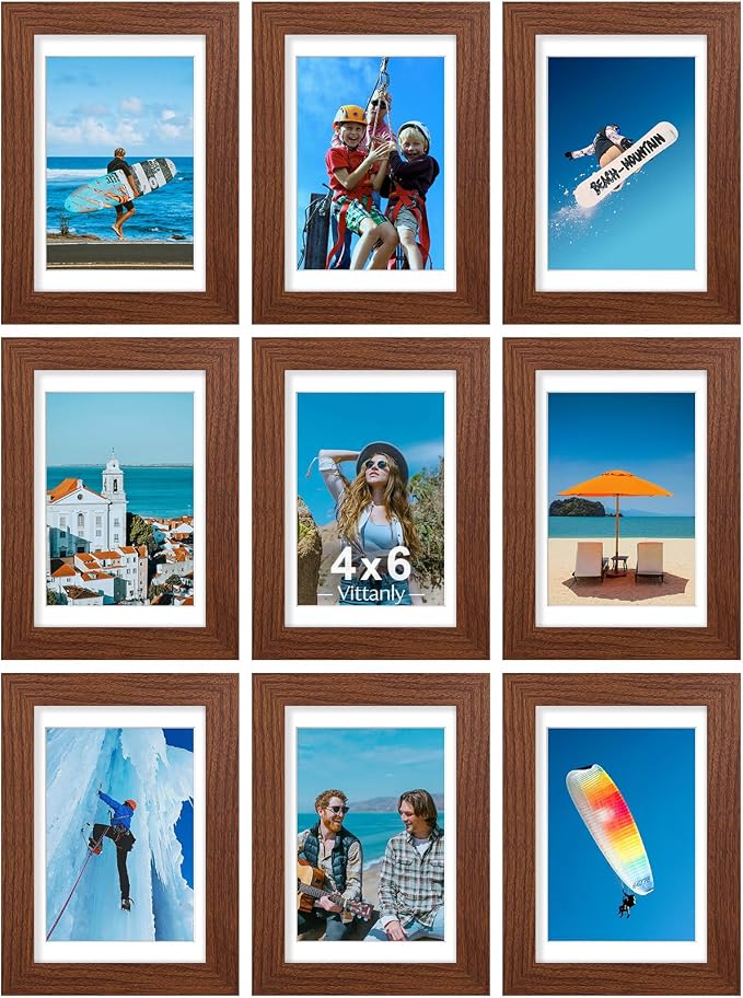 Vittanly 4x6 Picture Frames Set of 9, Wall & Tabletop, Wood Grain Brown | Display Pictures 3.5x5 with Mat or 4x6 without Mat, Small Photo Frames, Engineered Wood with Shatter Resistant Plexiglass