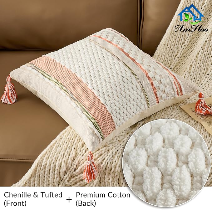 Set of 2 Chenille Striped Textured Boho Throw Pillow Covers Aesthetic with Tassels Woven Decorative Pillow Case for Couch Bed Sofa Bedroom Modern Funky 18 x 18-Inch White Orange