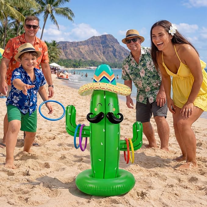 Hungdao 40 Inch Mexican Inflatable Cactus Ring Toss Game Set, Target Toss Party Games with 10 Pcs Rings Floating Summer Activity for Mexicano Fiesta Outdoor Beach Decor Cinco De Mayo Party