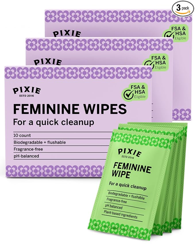 Pixie Feminine Wipes - Flushable, Biodegradable, & Ph Balanced - Individually Wrapped Packet Wipes for On The Go & Public Bathrooms - Wash & Cleaner For Your Menstrual Cups & Discs (3 Pack of 10)