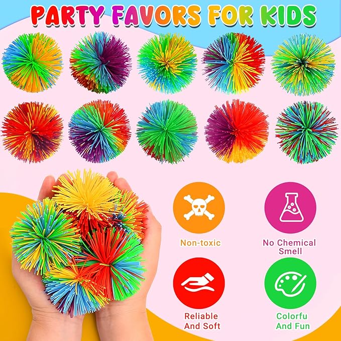 24PCS Stringy Balls, Sensory Stringy Ball, 2.75 inch Soft Rainbow Pom Bouncy, Stocking Stuffers for Kids, Monkey Pom Balls Fidget Toys Stress Ball, Birthday Gifts for Boys, Girls Ages 3+