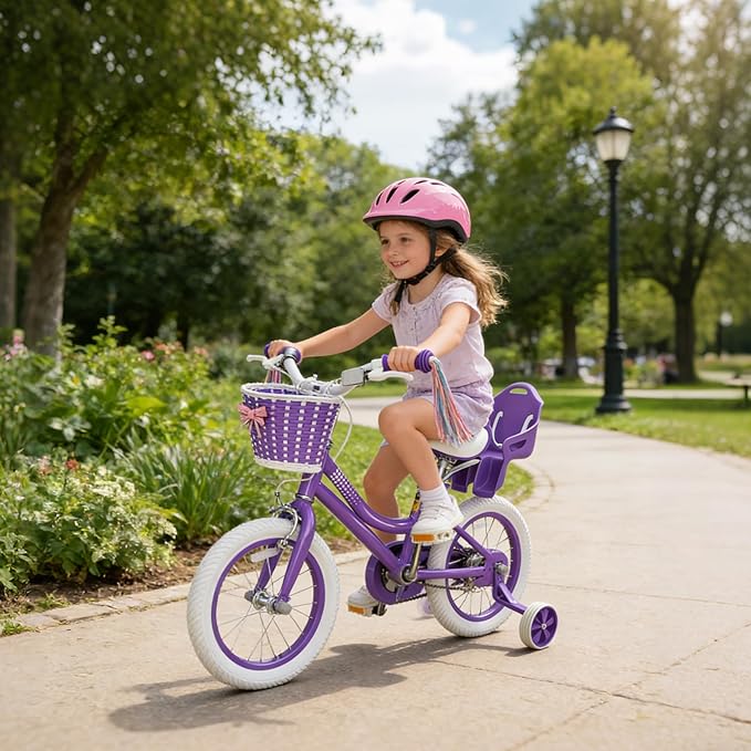 KORIMEFA Girls Bike for Ages 2-8 Years Toddler Kids with Doll Seat, 12 14 16 Inch Bicycle with Training Wheels, Little Small Princess Bicycle with Basket& Streamers, Girls Pedal Bike