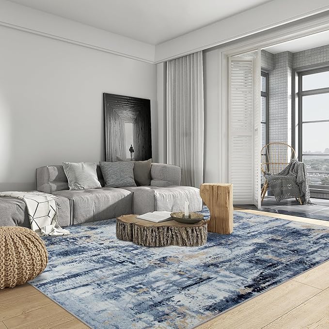 8x10 Area Rugs Washable Rug: Large Modern Abstract Living Room Rug Soft Anti-Skid Thin Carpet Indoor Floor Non-Shedding Carpets for Bedroom Dining Room Farmhouse Nursery Home Office Blue Gold