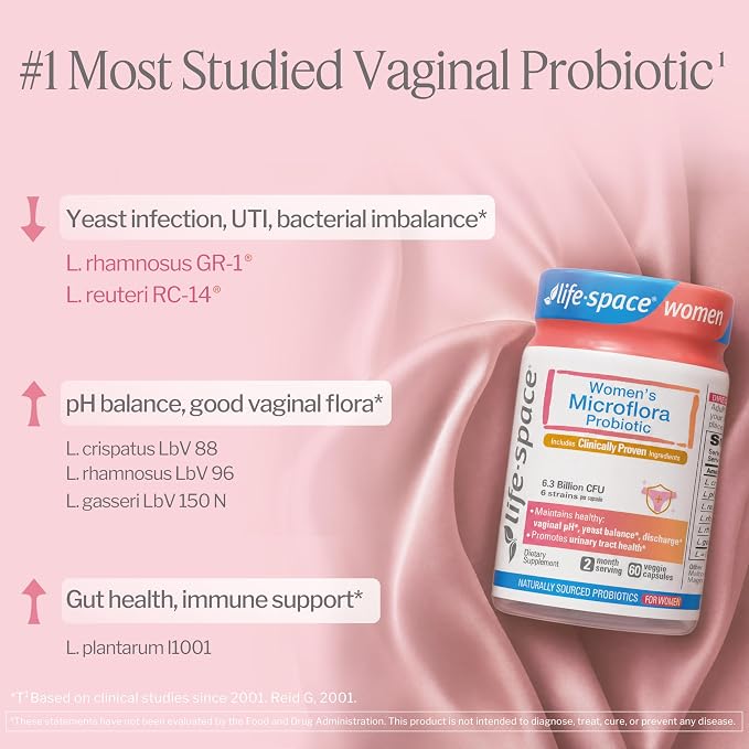 Life-Space Probiotic for Women, 2 Month Serving, Support Healthy Vaginal Microflora & Comfort, Daily Supplement for Women, pH Balance with Lactobacillus rhamnosus, 6.3 Billion CFU & 6 Strains, 60 ct