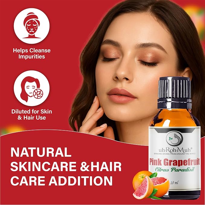 Pink Grapefruit Essential Oil Cold Pressed Citrus Paradisi Peel Oil Fresh Citrus Aroma Top Note Essential Oil for Aromatherapy Diffuser Skincare Haircare and Natural DIY Cosmetic Blends - 10 ml