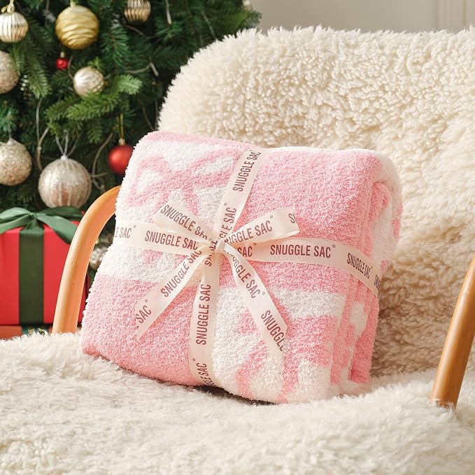 Snuggle Sac Bow Throw Blanket for Couch, Microfiber Fluffy Warm Cozy Fuzzy Reversible Checkered Blankets for Sofa, Chair, Bed, 60x80 inches