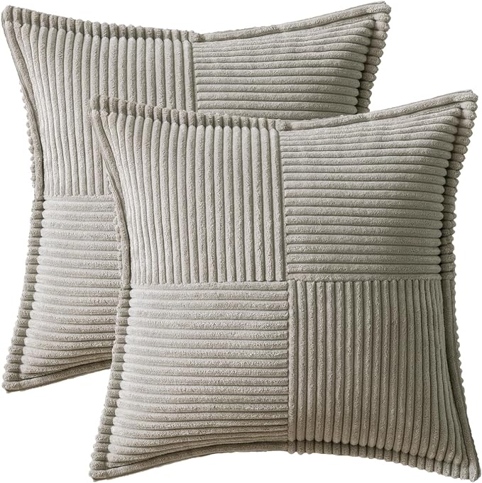 MIULEE Decorative Throw Pillow Covers for Couch 18x18 Inch Light Grey | 2 Pack, Boho Broadside Striped Patchwork Pillow Covers, Soft Corduroy Cushion Cases, For Sofa Bed Livingroom Home Decor