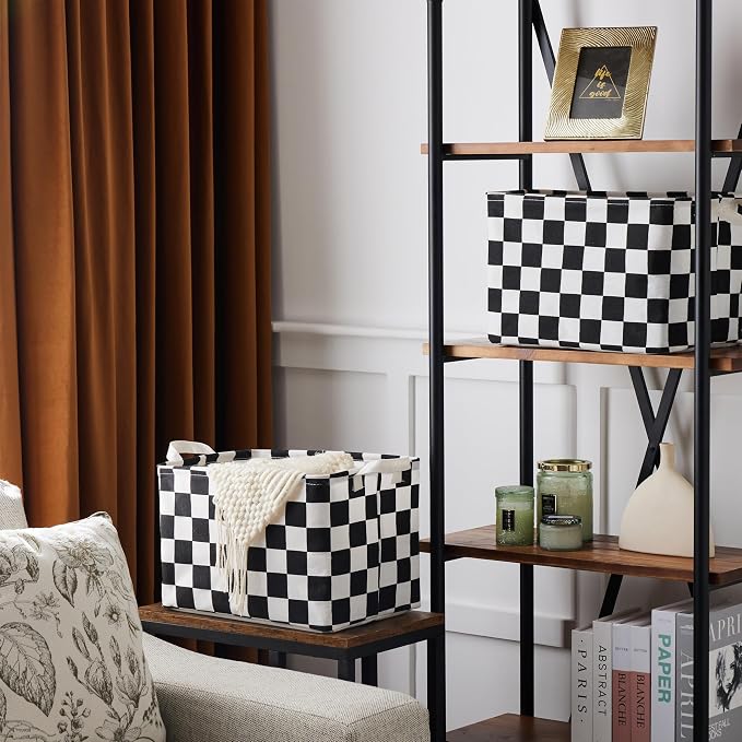 Ohocut Black White Checkered Canvas Basket, Rectangular Organizing Decorative Storage Basket for Kids Dog Toy, Cute Aesthetic Race Cars Boy Room Decor for Home, Kitchen, Bedroom, Classroom, Shelves