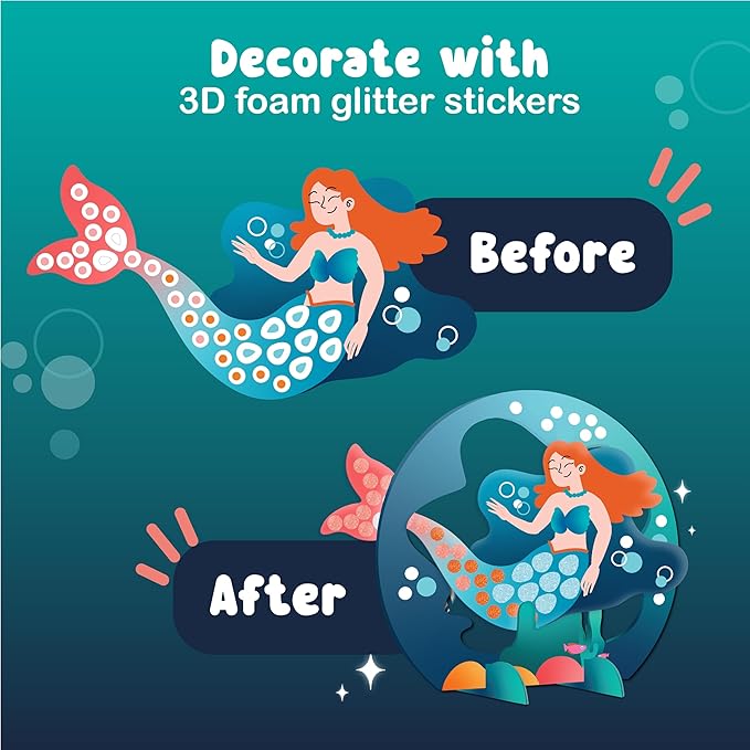 BINCA Foam Sticker Mosaic Art Activity, 750+ 3D Glitter Foam Stickers, 5 Underwater Animals with Display Arch, DIY Mess-Free Activities, Felt Craft Kits & Gifts for Boys & Girls Ages 5,6,7,8