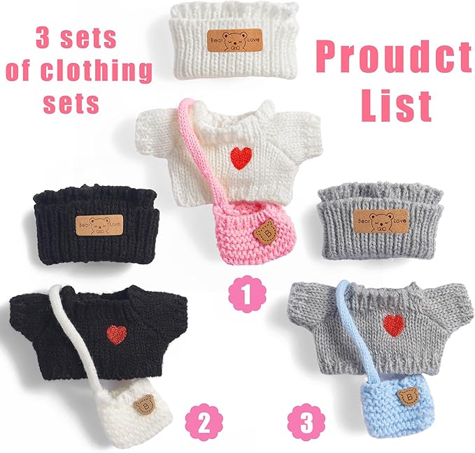 ebuddy 3 Sets Doll Clothes for 17cm Plush Doll-Knit Outfit Set Sweater Collection Heart Pattern Top + Hat + Crossbody Bag for 6.7" Dolls (Doll and Glasses Not Included)