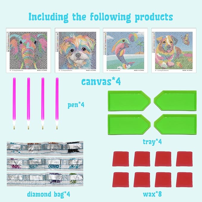 Libfx Diamond Art Kits for Kids 4 PCS Diamond Art for Girls Boys Beginners Arts and Crafts for Kids Ages 8-12 (Elephant Dolphin dog-09)