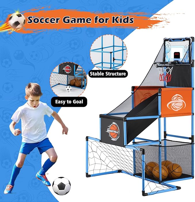 2 in 1 Basketball Arcade Game & Soccer Goal for Kids, Adjustable Kid Basketball Hoop with 6 Balls and Pump, Indoor Outdoor Games for Kid Toys for 3-12 Year Old Kids Birthday Gifts for Boys Girls