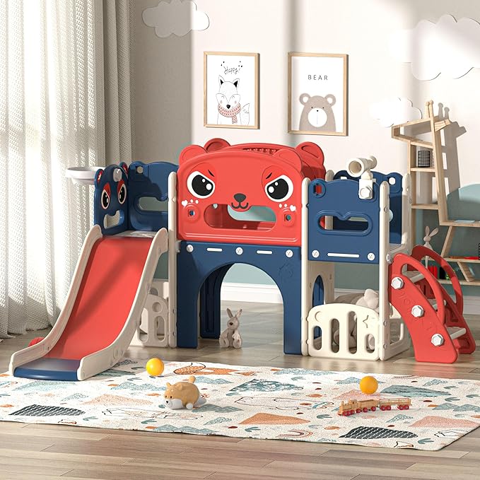 NYEEKOY 9-in-1 Toddler Slide and Climber Playset Freestanding Indoor Outdoor Kids Slide for Age 1-8, Backyard Playground with Basketball Hoop,Telescope,Storage Space