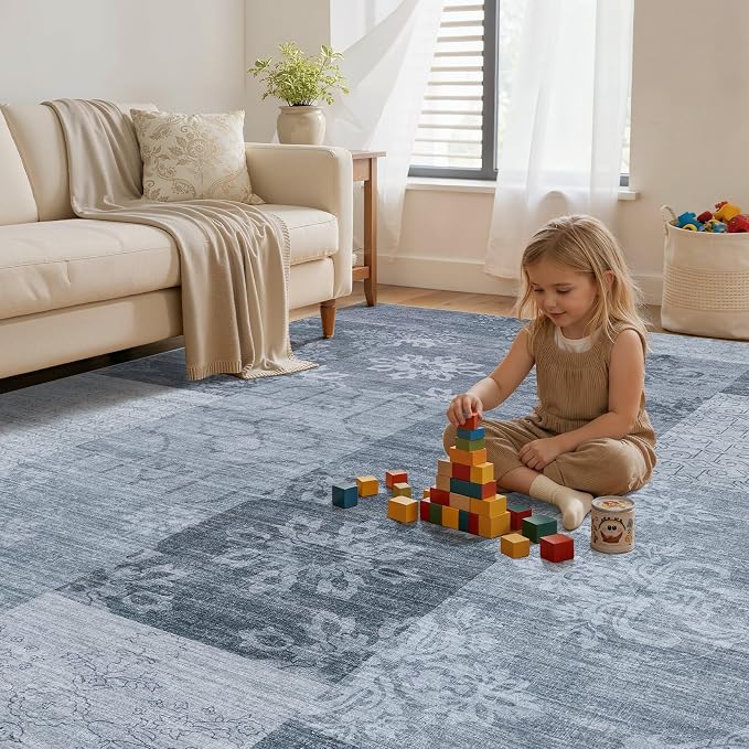UERMEI 8x10 Area Rug for Living Room - Washable Vintage Carpet, Non-Slip Soft Large Indoor Floor Rugs for Bedroom Home Office & Under Dining Table Decor, Blue Block