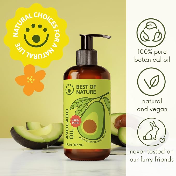 Best of Nature 100% Pure Avocado Oil – Natural Massage Oil, Moisturizing Body & Hair Oil, Unscented Skincare & Carrier for Essential Oils, Bulk Size Available (8 Fl Oz)