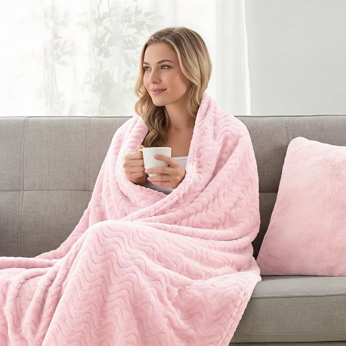 Exclusivo Mezcla Large Fleece Throw Blanket for Couch, Sofa, Light Pink | 50"x70" Soft Breathable Lightweight Flannel Throws for Summer, Plush Cozy Jacquard Wave Blanket for Home Decor