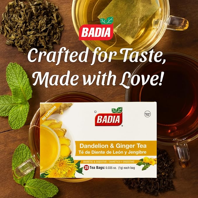 Badia Dandelion & Ginger Tea, 25 Bags – Herbal Detox Blend for Digestive Support and Liver Health