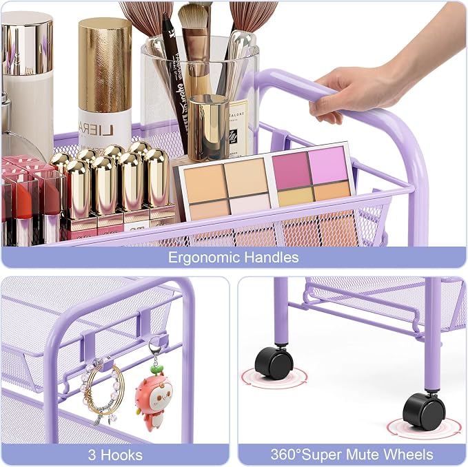 TOOLF 3 Tier Rolling Cart, Metal Utility Storage Cart with Wheels, Purple | 3 Hooks, Screwless Assembly, Trolley Organizer for Bathroom, Kitchen, Office, Nursery, Dorm, Laundry Room