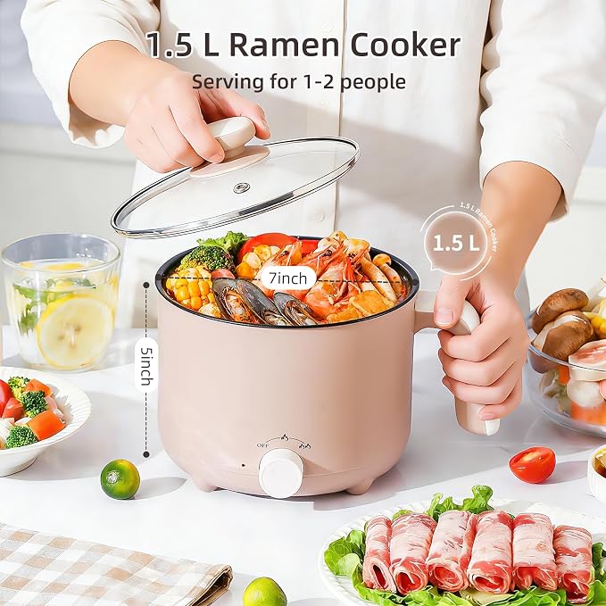1.5L Electric Pot Non-Stick Ramen Cooker for Travel | Portable Personal Pot with Adjustable Power, for Noodles,Soup,Eggs,Oatmeal,Overheat & Boil-Dry Protection,for Dorm,Office