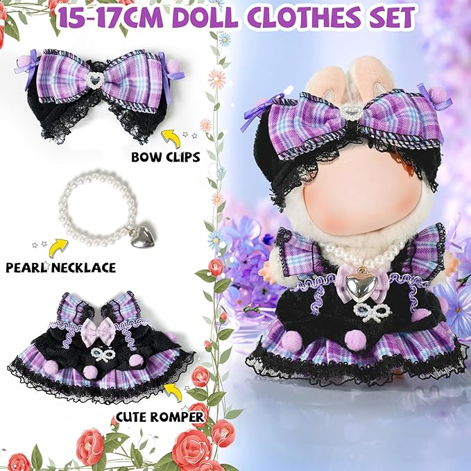 3 Piece 17cm Doll Clothes and Accessories Outfit - Bow Clips, Necklace & Dress, Fashionable Doll Dress Up Set
