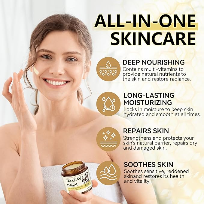 Veakoo Beef Tallow for Skin, 2 Pcs Grass Fed Tallow and Honey Balm, Organic Tallow Face Moisturizer, Natural Moisturizing Cream for Women Men, Body Butter, Nourish and Soothe Dry Skin