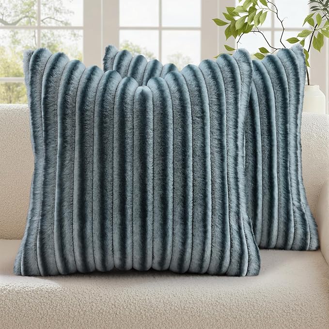 decorUhome Fall Faux Fur Throw Pillow Covers 20x20 Set of 2 Blue Grey | Decorative Soft Cozy Striped Plush Modern Farmhouse Boho Couch Pillow Cases Velvet Back for Sofa Bed Living Room Home Decor