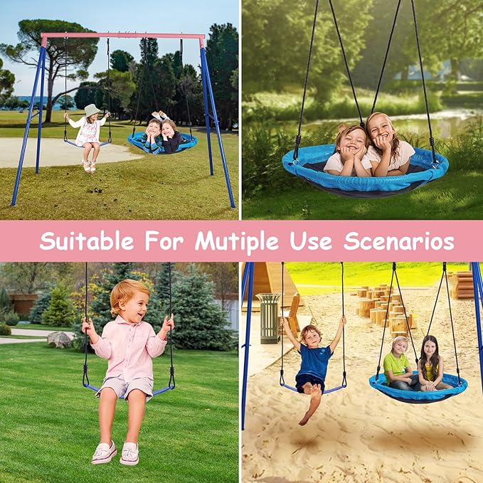 Lunafun Outdoor Swings for Kids, 440lbs, Heavy-Duty A-Frame Metal Outdoor Swing Stand, 1 Saucer & 1 Belt Swing Seat for Playground, Backyard Blue