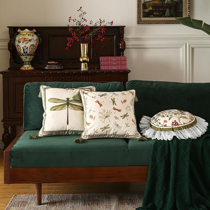 Designer Vintage Velvet Throw Pillow Cover,18"x18"-Grace B | Pillow Cover,Concealed Zipper Design,Dragonfly Pattern,Sofas,Bedroom,Living Room,Lounge Chairs,All Season Home Decor