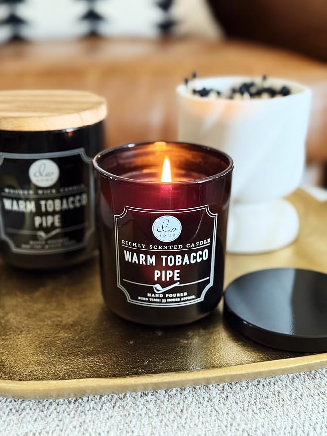 DW Home Warm Tobacco Pipe Scented Candles, 9 oz Single Wick Medium Jar, Up to 33 Hour Burn Time, Strong Long Lasting Woodsy Fragrance, Gifts for Men & Women
