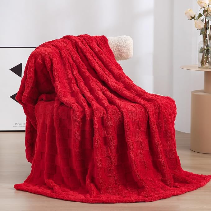 Red Fleece Throw Blanket 50”×60”Checkered Design for Couch Sofa | Super Soft Cozy Plush Microfiber 3D Square Pattern Flannel Blanket for bed Lightweight for Adults,Women