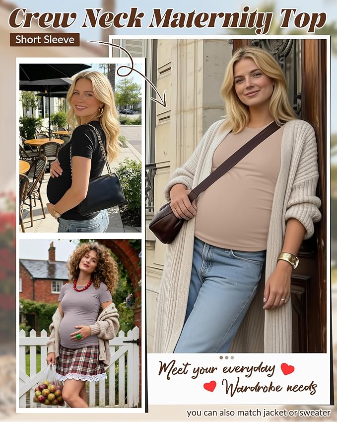 Huukeay 4 Pack Women's Maternity Shirts, Crew Neck Maternity Top Short Sleeve Casual Cotton Tee Side Ruched Pregnancy Clothes