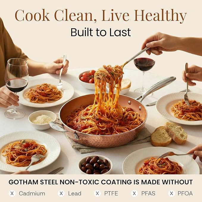 Gotham Steel Hammered Copper 14 Inch Non Stick Frying Pan with Lid, Nonstick Frying Pan with Ceramic Coating and Induction Plate for Even Heating, Oven / Dishwasher Safe, 100% Healthy & Non Toxic | Extra Large Skillet, Induction Compatible, PFOA/PFOS/P...