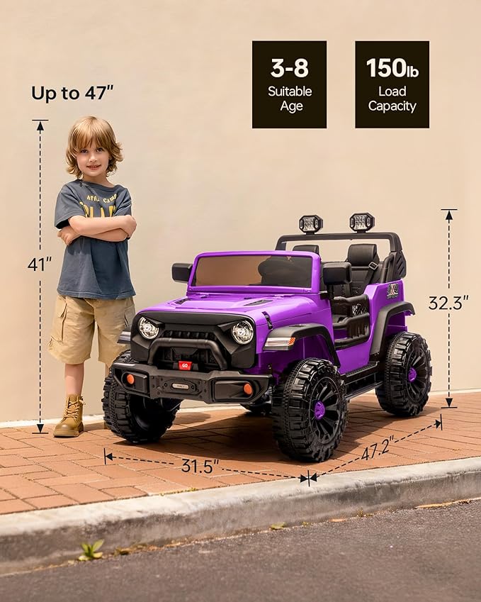 Outfunny 2 Seater Ride on Car Toy, 24V 4WD Electric Car for Kids 4-8 with Remote Control, 4x200W Motors, Capacity 150 lb - Purple