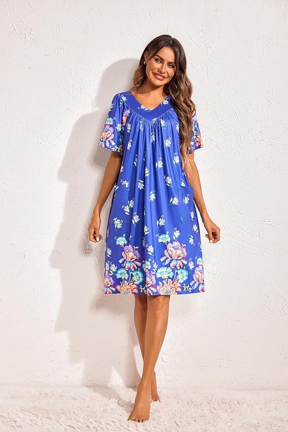 Ekouaer Womens House Dress Floral Print Nightgown with Pockets Mumu Dress