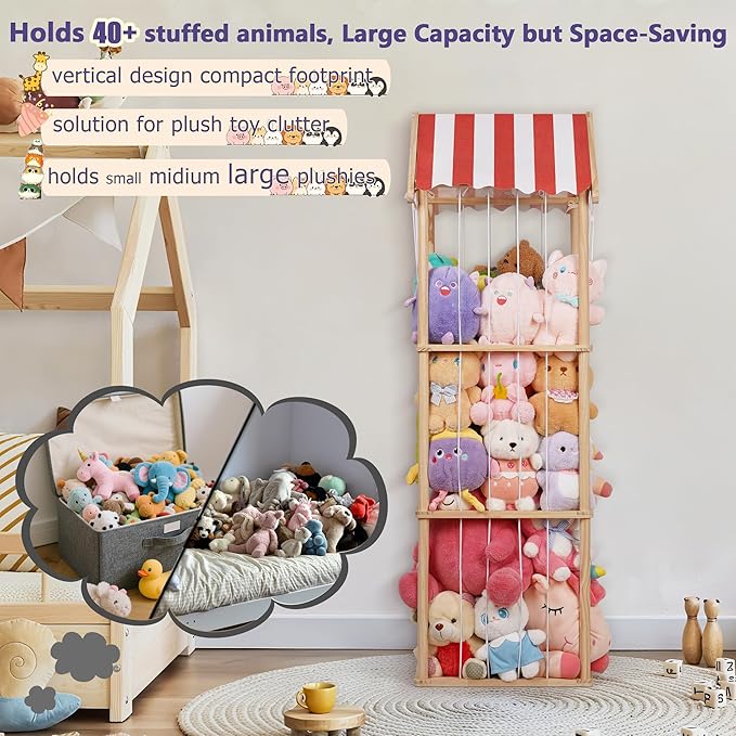 Stuffed Animal Storage, Space Saving Vertical Stuffed Animal Holder Wood, Easy Assembly Cottage-Style Plush Toys Organizer for Kids Bedroom & Playroom (Wood)