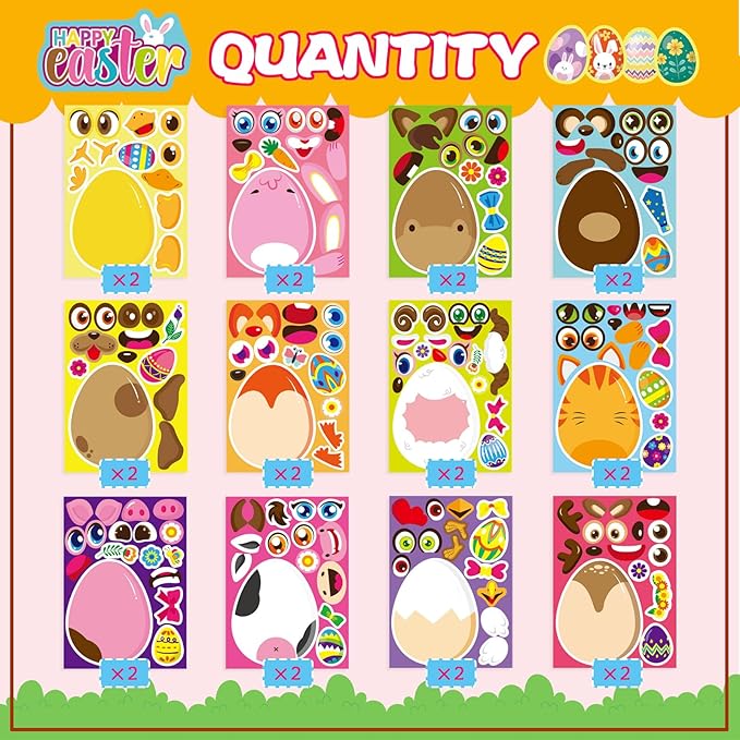 DUJAA 24 Sheets Easter Stickers for Kids Make Your Own Animal Mix and Match Stickers with Easter Egg Themed Pig, Bunny, Chicken, Cow, Sheep, Duck Craft Party Favor Supplies