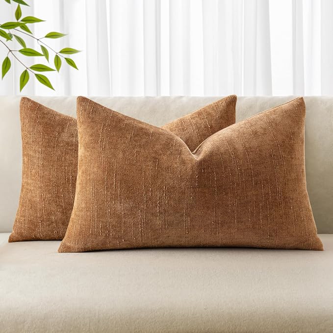 MIULEE 12x20 Inch Lumbar Textured Chenille Throw Pillow Covers Brown | Pack of 2 Decorative Soft Throw Pillows, Solid Textured Cushion Covers, Modern Home Decor for Couch Sofa Bedroom Living Room